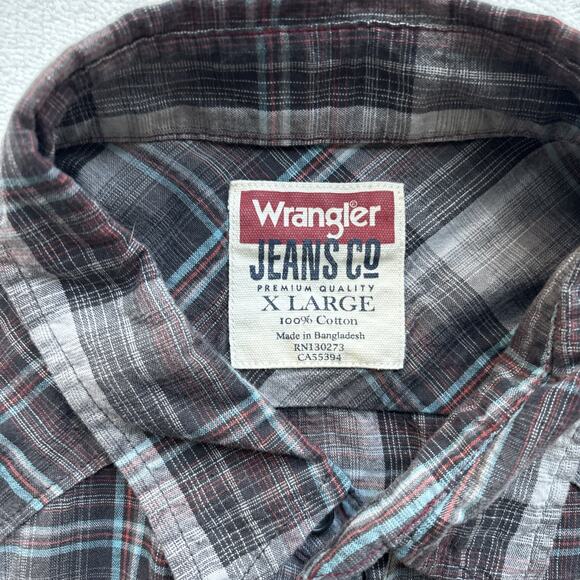 Wrangler Jeans Co Men X Large Plaid Western Shirt Pearl Snap Long Sleeve Gray - Picture 2 of 15